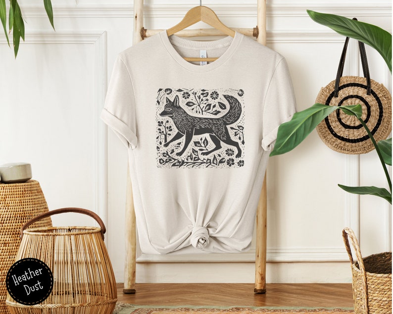 Vintage Folklore Fox Tshirt, Cottagecore Aesthetic Shirt, Linoprint T-Shirt, Wildlife Tee, Forest Animal Shirt Heather Dust