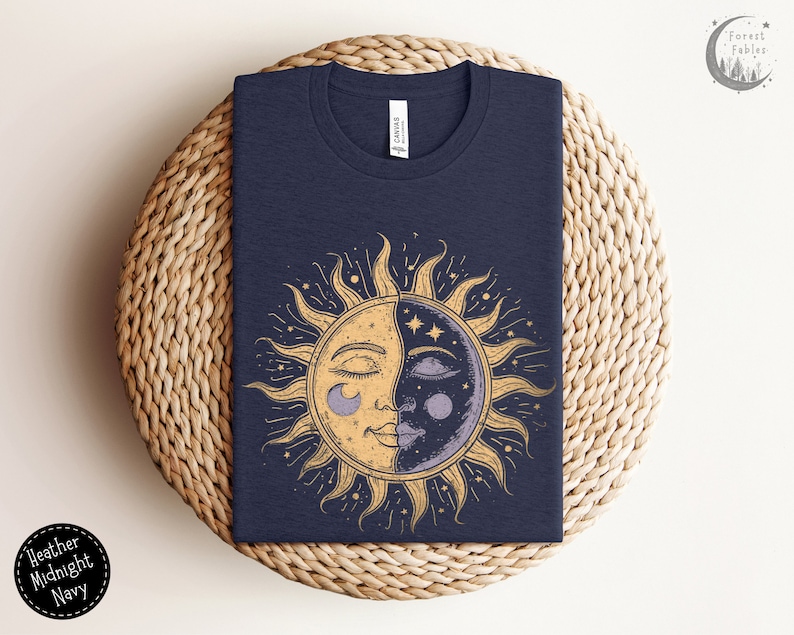 Koszulka Celestial Sun and Moon Whimsigoth: Koszulka w stylu vintage boho spiritual Heather Midnight Navy