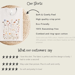 May include: White t-shirt with a floral and butterfly design. The text "Our Shirts" is at the top of the image. The text "Soft & Comfy Feel", "High quality crisp print", "Eco-Friendly", "100% Sweatshop free", "Combed and ring-spun cotton" is listed below the image of the shirt. The text "What our customers say" is at the bottom of the image. Three five-star ratings are listed below the text. The text "I love this shirt. The fabric is perfect and the design is lovely. I had to order a second!" is listed below the first rating. The text "Way cuter than picture. Plus it's soft and comfy." is listed below the second rating. The text "So soft and pretty! In love!" is listed below the third rating.