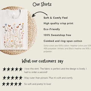 Puede incluir: Camiseta blanca con un dise&ntilde;o floral y de mariposas. El texto "Our Shirts" est&aacute; en la parte superior de la imagen. El texto "Soft & Comfy Feel", "High quality crisp print", "Eco-Friendly", "100% Sweatshop free", "Combed and ring-spun cotton" est&aacute; listado debajo de la imagen de la camiseta. El texto "What our customers say" est&aacute; en la parte inferior de la imagen. Tres calificaciones de cinco estrellas est&aacute;n listadas debajo del texto. El texto "I love this shirt. The fabric is perfect and the design is lovely. I had to order a second!" est&aacute; listado debajo de la primera calificaci&oacute;n. El texto "Way cuter than picture. Plus it's soft and comfy." est&aacute; listado debajo de la segunda calificaci&oacute;n. El texto "So soft and pretty! In love!" est&aacute; listado debajo de la tercera calificaci&oacute;n.