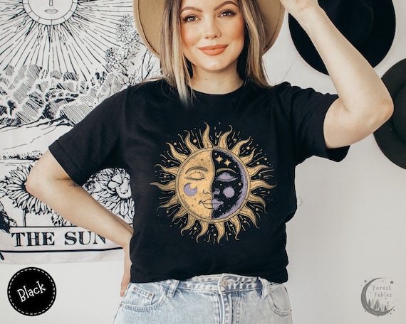 Celestial Sun and Moon Whimsigoth T-Shirt: Vintage Boho Spiritual Tee