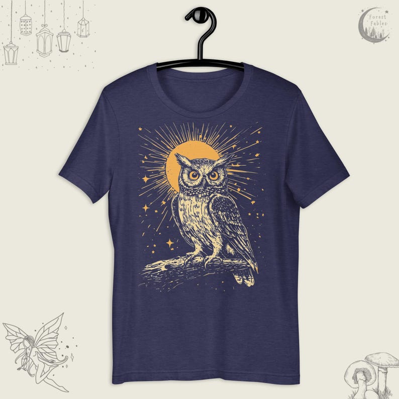Vintage Celestial Owl TShirt, Linocut Style Tee, Folklore Cosmic Shirt, Enchanted Forest Gift for Her, Forestcore Gift, Cottagecore Clothing