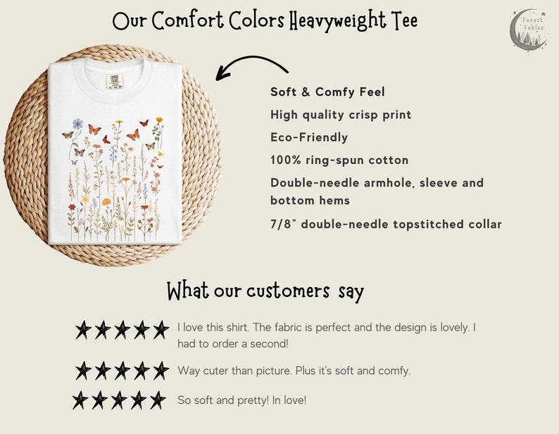 Puede incluir: Camiseta blanca de peso pesado con un dise&ntilde;o floral y de mariposas. El texto "Our Comfort Colors Heavyweight Tee" est&aacute; en la parte superior de la imagen. El texto "Soft & Comfy Feel", "High quality crisp print", "Eco-Friendly", "100% ring-spun cotton", "Double-needle armhole, sleeve and bottom hems", "7/8" double-needle topstitched collar" est&aacute; listado debajo de la imagen de la camiseta. El texto "What our customers say" est&aacute; en la parte inferior de la imagen. Se muestran tres calificaciones de cinco estrellas debajo del texto.