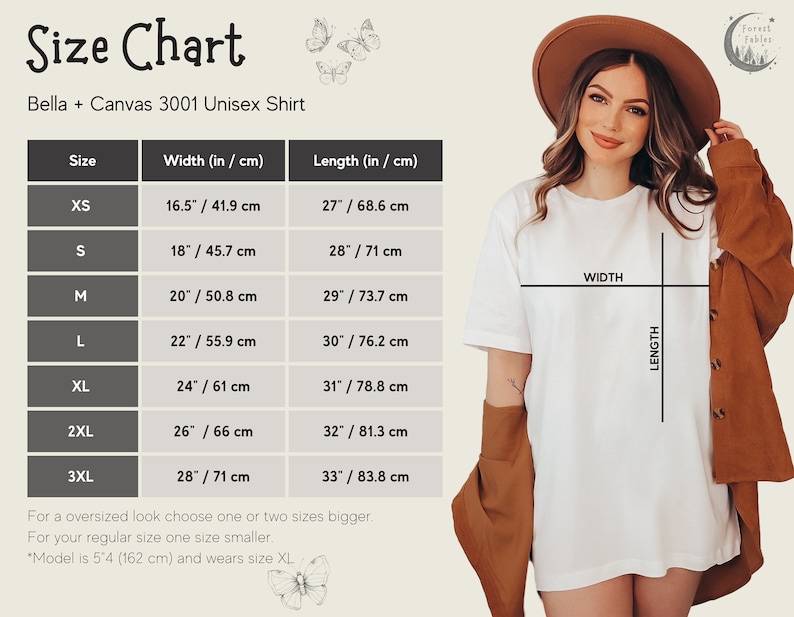 May include: Size chart for a Bella + Canvas 3001 unisex shirt, showing width and length measurements in inches and centimeters for sizes XS to 3XL. The chart includes a model wearing the shirt, illustrating the fit.