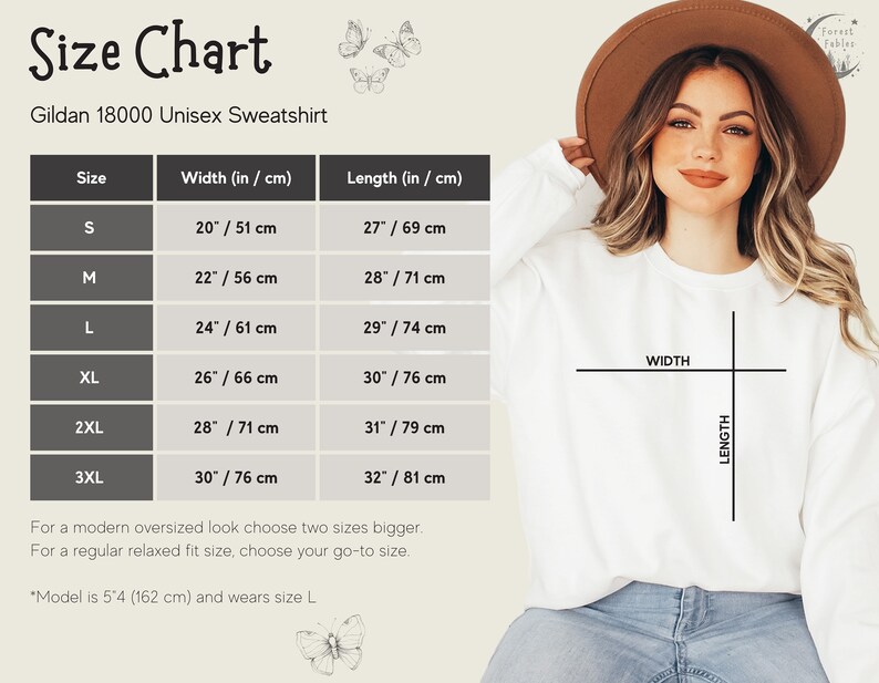 May include: Size chart for a Gildan 18000 unisex sweatshirt, showing width and length measurements in inches and centimeters for sizes S through 3XL. The chart includes a note that for a modern oversized look, choose two sizes bigger, and for a regular relaxed fit, choose your go-to size. The chart also includes a note that the model is 5'4 (162 cm) and wears size L.