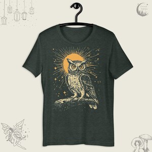 Vintage Celestial Owl TShirt, Linocut Style Tee, Folklore Cosmic Shirt, Enchanted Forest Gift for Her, Forestcore Gift, Cottagecore Clothing