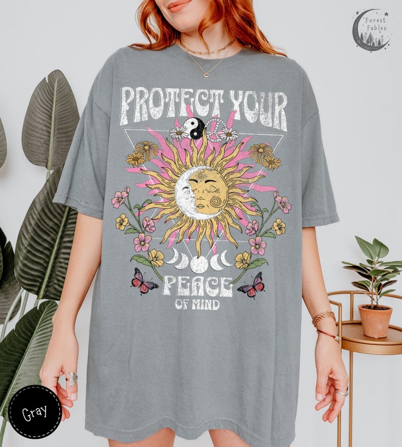 Protégez votre chemise Peace, T-shirt épais couleurs confort, chemise bohème, cadeau pour ado, chemise chrétienne, t-shirt vintage, t-shirt hippie, chemise rétro Grey