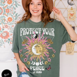 Protégez votre chemise Peace, T-shirt épais couleurs confort, chemise bohème, cadeau pour ado, chemise chrétienne, t-shirt vintage, t-shirt hippie, chemise rétro Moss