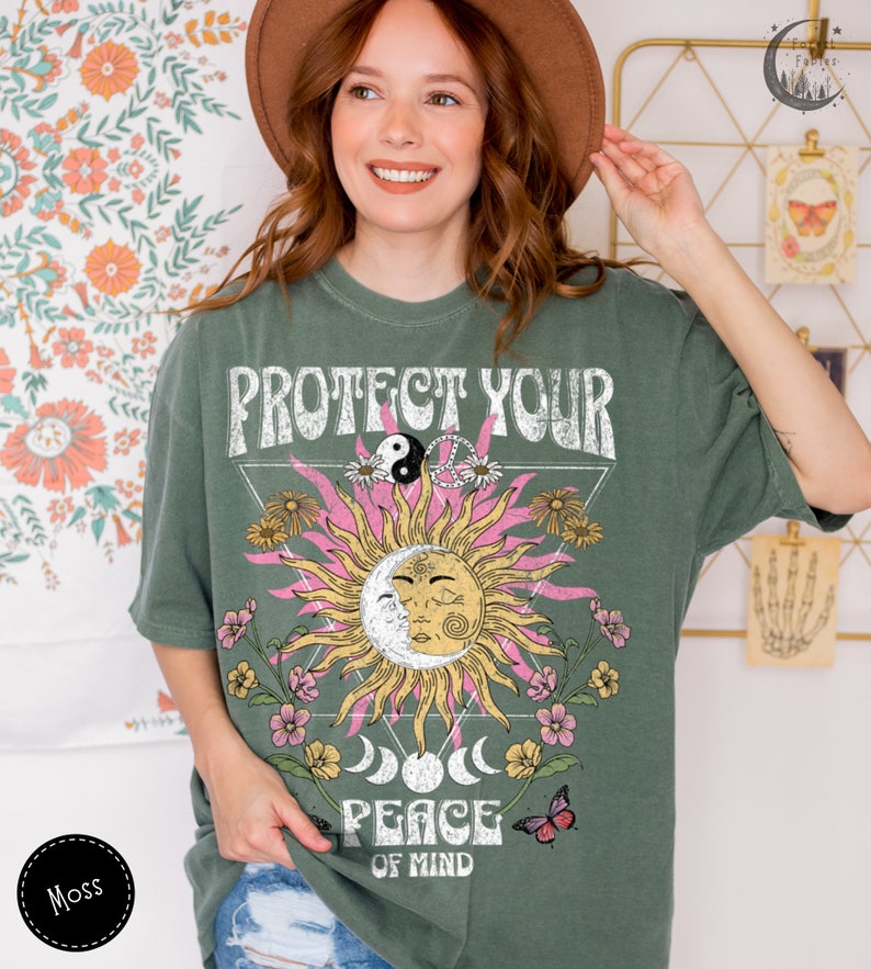 Protégez votre chemise Peace, T-shirt épais couleurs confort, chemise bohème, cadeau pour ado, chemise chrétienne, t-shirt vintage, t-shirt hippie, chemise rétro Moss