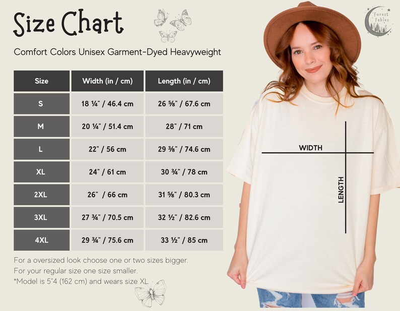 Puede incluir: Tabla de tallas para una camiseta unisex de peso pesado te&ntilde;ida en prenda. La tabla muestra las medidas de ancho y largo en pulgadas y cent&iacute;metros para las tallas S a 4XL. La tabla tambi&eacute;n incluye una nota que para un look de talla grande, elige una o dos tallas m&aacute;s grandes, y para una talla regular, elige una talla m&aacute;s peque&ntilde;a. La modelo mide 1,62 m y lleva la talla XL.