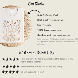 K&ouml;nnte beinhalten: Wei&szlig;es T-Shirt mit einem Blumen- und Schmetterlingsdesign. Der Text "Our Shirts" befindet sich oben im Bild. Der Text "Soft & Comfy Feel", "High quality crisp print", "Eco-Friendly", "100% Sweatshop free", "Combed and ring-spun cotton" ist unter dem Bild des Shirts aufgelistet. Der Text "What our customers say" befindet sich unten im Bild. Drei F&uuml;nf-Sterne-Bewertungen sind unter dem Text aufgelistet. Der Text "I love this shirt. The fabric is perfect and the design is lovely. I had to order a second!" ist unter der ersten Bewertung aufgelistet. Der Text "Way cuter than picture. Plus it's soft and comfy." ist unter der zweiten Bewertung aufgelistet. Der Text "So soft and pretty! In love!" ist unter der dritten Bewertung aufgelistet.