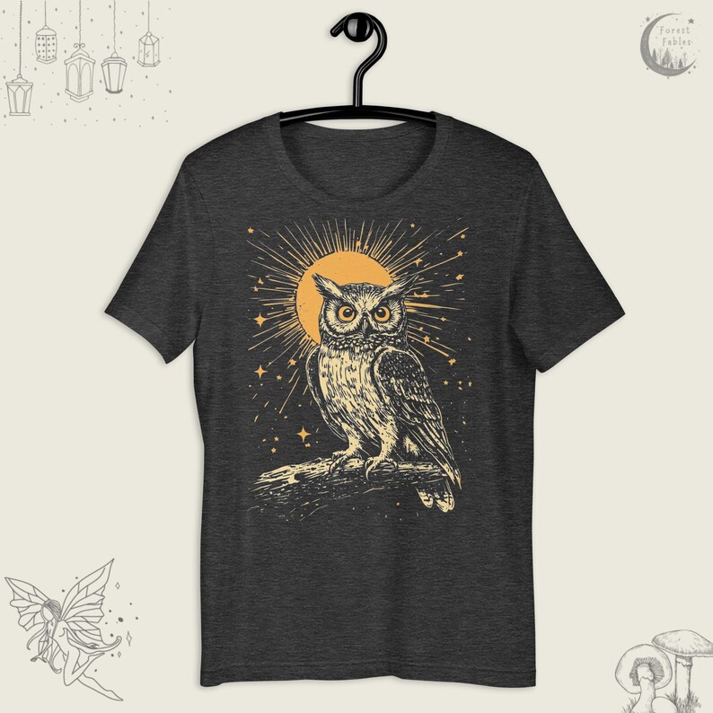 Vintage Celestial Owl TShirt, Linocut Style Tee, Folklore Cosmic Shirt, Enchanted Forest Gift for Her, Forestcore Gift, Cottagecore Clothing