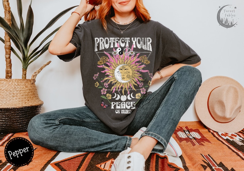 Protégez votre chemise Peace, T-shirt épais couleurs confort, chemise bohème, cadeau pour ado, chemise chrétienne, t-shirt vintage, t-shirt hippie, chemise rétro Pepper