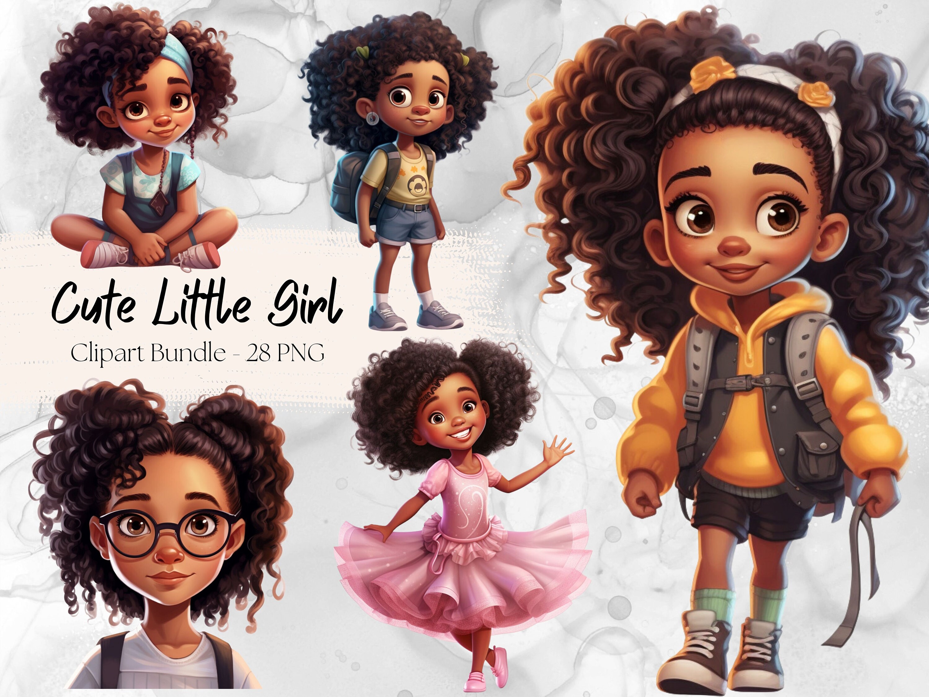 Cute Little Black Girl Clipart Bundle PNG Afro Instant Digital Download