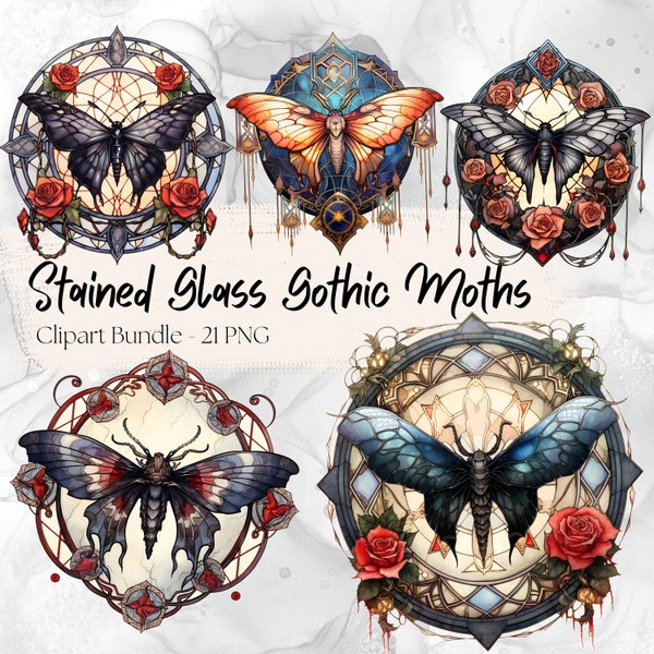 Stained Glass Gothic Moth Clipart PNG Instant Digital Download Clip Art Bundle Sublimation Paper Crafting Watercolor Illustration Journal