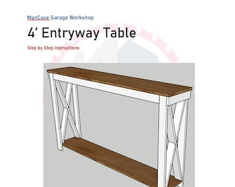 May include: A white entryway table with a wood top and shelf. The table is 4 feet long and has an X-shaped design on the legs.