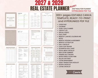 May include: A 2027 and 2028 real estate planner digital template featuring 300+ pages, including a cover page, calendar, goal planner, contact list, cash flow tracker, and various checklists. The set is an editable Canva template and a hyperlinked PDF file.