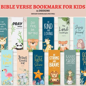 May include: A collection of twelve colorful Bible verse bookmarks for kids. Each bookmark features a different design with an animal illustration and a corresponding Bible verse. The bookmarks are available as an instant PDF/PNG download.