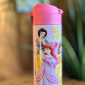 Botella de acero inoxidable para niñas personalizado con nombre, con diseño de princesas, vaso para regalo, termo de agua para la escuela
