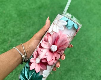 3D Flower Tumbler with Straw – Floral 20oz Skinny Tumbler for Women – Cute Girly Cup – Gift for Her, Aesthetic Drinkware