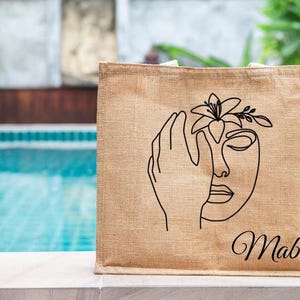 Bolso de yute para regalo nombre y letra monocromática, bolso personalizado para ella, bolso para vacaciones, cartera de viaje para mujer