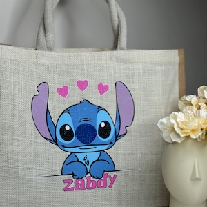 Bolso de yute para regalo de Stitch con nombre, bolso personalizado para ella, bolso aloha para vacaciones, cartera de viaje para mujer