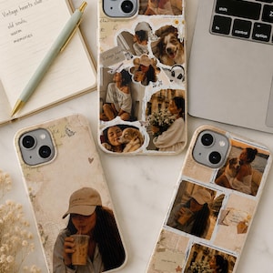 May include: Three iPhone cases with collage designs. One case features a woman drinking from a cup, another has a collage of photos with a dog, and the third has a collage of photos with a woman and a dog. The cases have a vintage aesthetic.