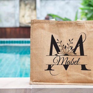 Bolso de yute para regalo nombre y letra monocromática, bolso personalizado para ella, bolso para vacaciones, cartera de viaje para mujer