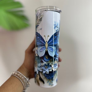 Floral Blue Butterfly Tumbler: Personalized 3D 20oz Cup