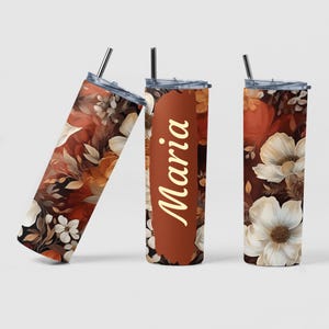 Vaso flaco floral de regalo personalizado para ella, botella termica, vaso de otoño, copa de temporada, termo con nombre, copa se flores