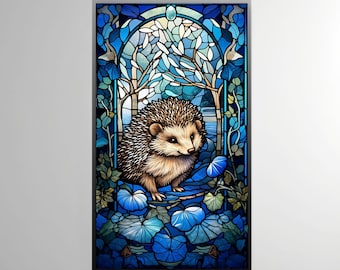 Art Deco Stained Glass Hedgehog Canvas Wall Art | Vintage Animal Home Décor | Ready To Hang