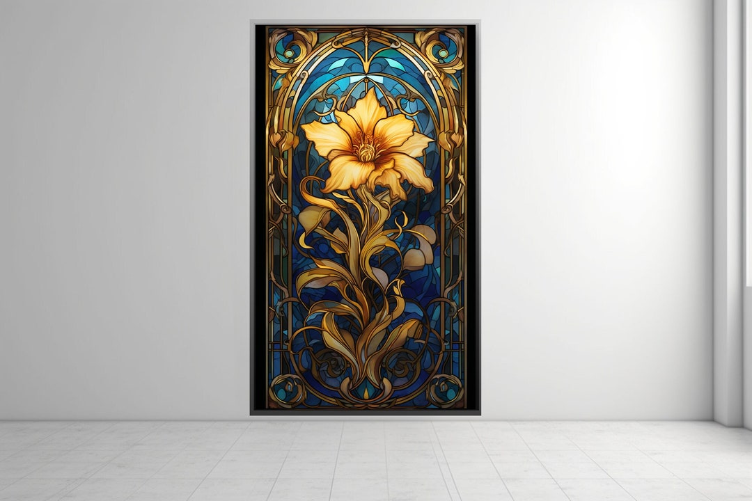 Art Nouveau the Golden Flower Stained Glass Canvas Wall Art Etsy