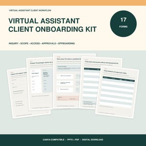 May include: A virtual assistant client onboarding kit featuring 17 forms for inquiry, scope, access, approvals, and offboarding. The digital document set includes templates for capturing support requests, presenting packages, and tracking client feedback.