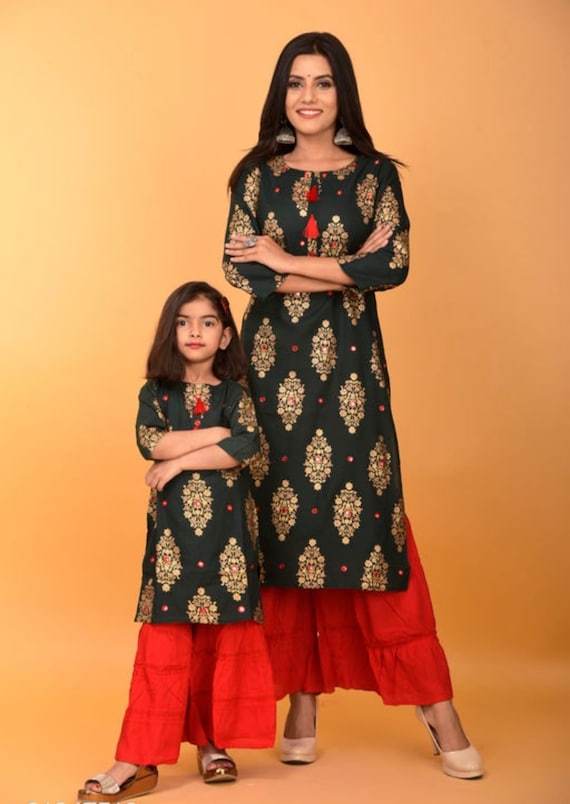 Mother Daughter Bollywood Kurta Sharara Dress: Rayon Indian Outfit