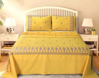 Juego de sábanas planas minimalistas bordadas - Ropa de cama 100% algodón premium de 144 hilos, colcha de verano ligera y lujosa con costuras en el borde,