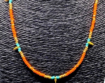 Orange, Turquoise and Gold Seed Bead Necklace