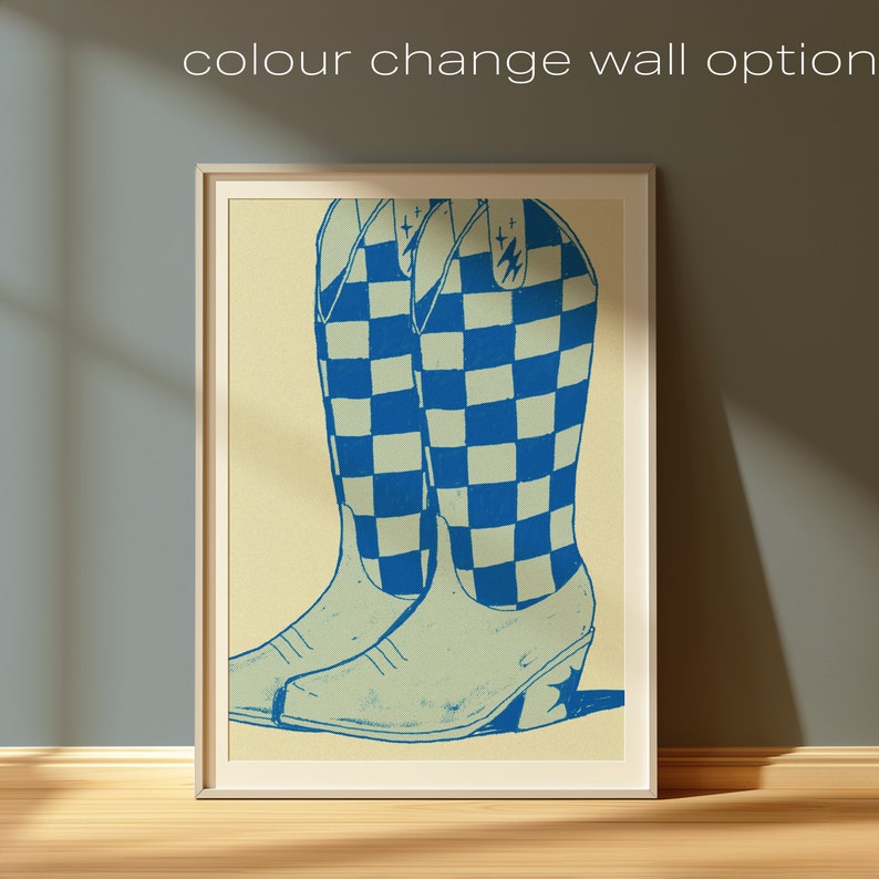 May include: A pair of blue and white checkered cowboy boots with a star design on the heel. The boots are on a light yellow background.