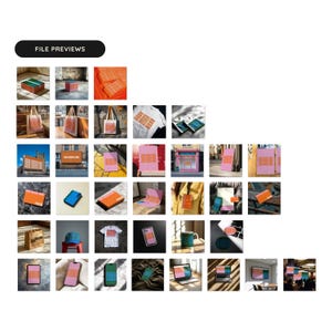 May include: A collection of mockups showcasing different ways to use a graphic design template. The template features a repeating pattern of orange squares with white text. The mockups include a phone, laptop, tote bag, and a t-shirt.