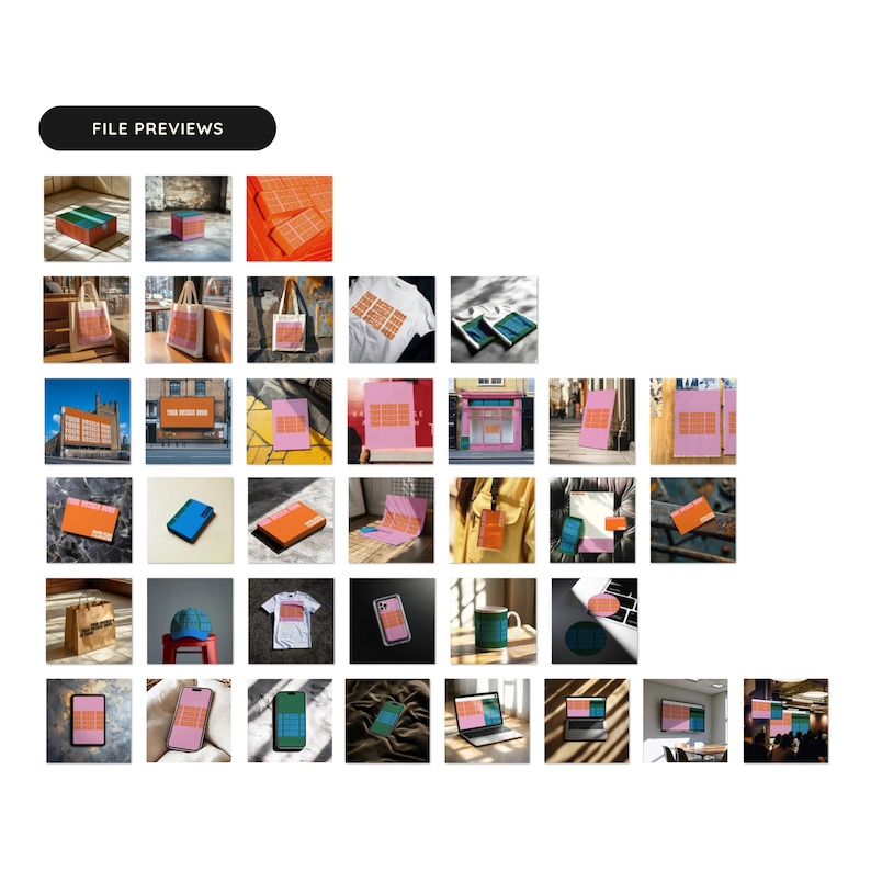 May include: A collection of mockups showcasing different ways to use a graphic design template. The template features a repeating pattern of orange squares with white text. The mockups include a phone, laptop, tote bag, and a t-shirt.