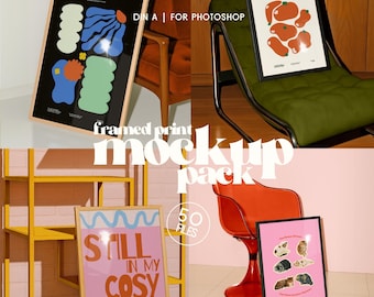 50 Framed Print Mockup Pack, Retro Mid-Century Frame Portrait DIN A Template Bundle (PSD) for Wall Art, Artists