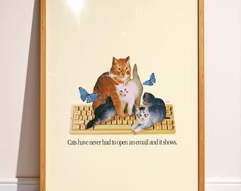 Cats & Emails Wall Art Print, Funny Cat Poster, Cats and Emails Artwork, A3 Art Print, Quirky Animal Print, Home Office Decor Gift