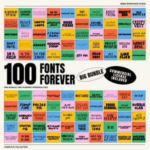 Puede incluir: Un póster de colección de fuentes digitales titulado 100 FONTS FOREVER BIG BUNDLE. Presenta una cuadrícula de 100 muestras rectangulares de colores, cada una con el nombre de una tipografía única en texto negro. Incluye COMMERCIAL LICENSE INCLUDED.