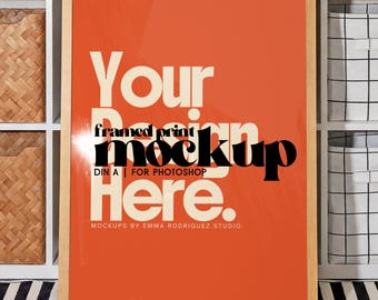 DIN A Frame Mockup, Oak Poster Print Interior Shelf Scene, Photoshop Photopea Compatible Art Print Mockup PSD for Artists Wall Art Designers