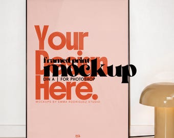 DIN A Frame Mockup Black Frame Poster & Lamp, Minimal Interior Photoshop Photopea Art Print Mockup PSD for Artists Wall Art Designers