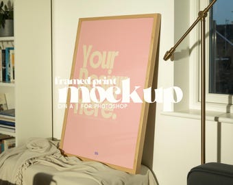 Oak Frame Mockup, Contemporary Poster Print Photoshop Template, Single Digital Download (DIN A Portrait) for Wall Art, Living Room