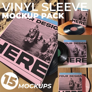 Puede incluir: Un paquete de maquetas con fundas de vinilo y discos. Las fundas tienen un diseño rosa y azul con el texto "YOUR DESIGN" y "HERE". La imagen incluye el texto "VINYL SLEEVE MOCKUP PACK" y "15 MOCKUPS".