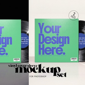May include: A vinyl cover sleeve mockup set with the text "Your Design Here" in blue on a green background. The set includes two files, with the words "vinyl cover sleeve mockup set for photoshop" at the bottom.