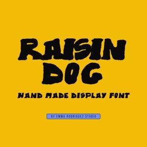 May include: A digital graphic featuring the black text RAISIN DOG in a bold, hand-drawn style on a solid yellow background. Below this, the text reads HAND MADE DISPLAY FONT, followed by a blue rectangular button labeled BY EMMA RODRIGUEZ STUDIO.