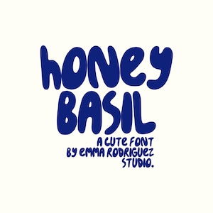 May include: A blue font design with the text "honey basil" in a playful, rounded style. The text "A cute font by emma rodriguez studio." is also included in smaller letters below.