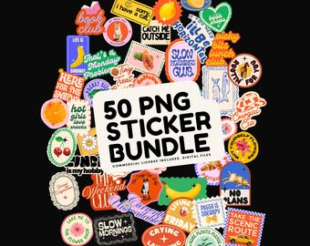 50 PNG Digital Sticker Bundle, Funny Retro Stickers, Transparent Clipart, Full Commercial Licence Included, Printable Graphics for Creatives